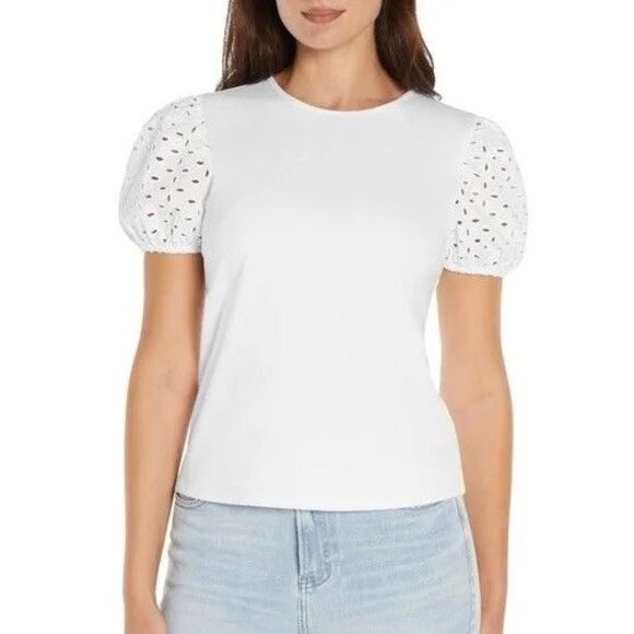 New Express Women's Spring Top Size Small White Puff Lace Sleeves - Picture 1 of 8